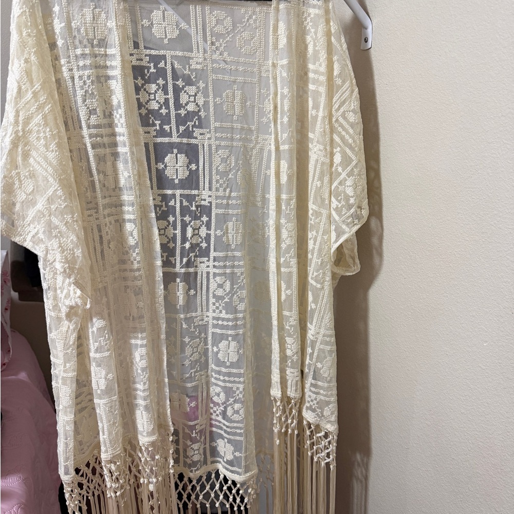 Torrid Boho Crochet Fringe Kimono - Cream